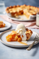 Wall Mural - Fresh slice of peach pie topped with a scoop of melting vanilla ice cream, served on a white plate