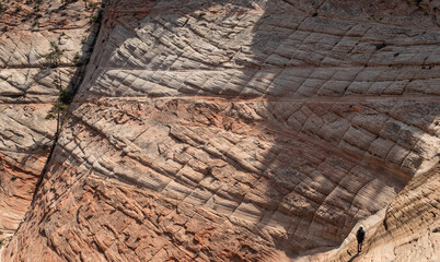 Person walking near rock wall