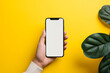 © Hasanka - Close-up of male hand holding smartphone with mockup, isolated on yellow background.