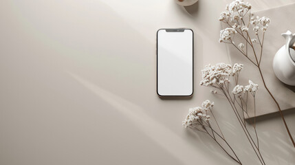 Poster - A white phone is on a table next to a vase of flowers