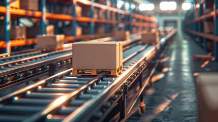 Poster - A box is on a conveyor belt in a warehouse