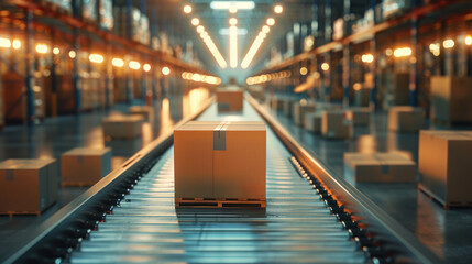 Poster - A box is on a conveyor belt in a warehouse