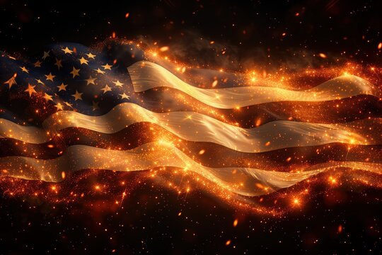 United states flag develops against background of dark night sky with sparks. Concept of United States Flag Day, US Independence Day