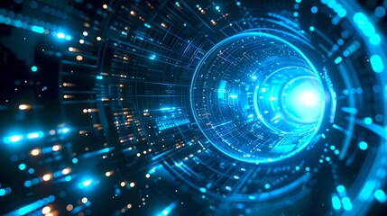 Aufkleber - Futuristic blue digital tunnel with glowing lights. Tech background. Visually stunning and modern design. Perfect for innovation, technology, and science fiction projects. AI