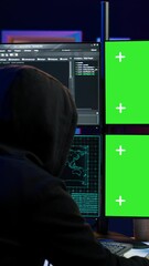 Poster - Vertical video Dangerous man hacking using isolated screen PC, stealing credit card information and breaching banking systems. Hacker running code in apartment on chroma key computer display, close up