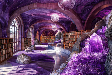 Wall Mural - Geological crystal library interior design, purple amethyst, luxury fantasy architecture, mansion or palace