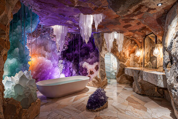 Wall Mural - Geological crystal cave underground bathroom interior design, mineral formations, luxury fantasy architecture, mansion or palace