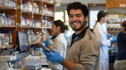 Aufkleber - young scientist wearing gloves working in a busy laboratory with colleagues. scientific research env