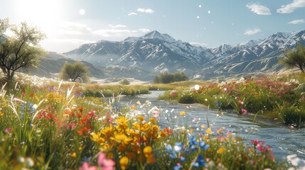 Wall Mural - Breathtaking Mountain Landscape with Blooming Wildflowers and Serene Stream under the Clear Blue Sky and Radiant Sun