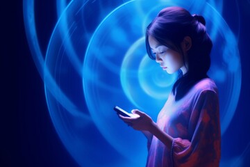 Wall Mural - young asian woman using smartphone on the holographic background. metaverse and ai