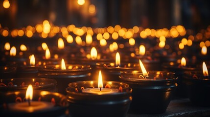 Candles in a Christian Orthodox church background. Flame of candles in the dark sacred interior of the temple generate AI