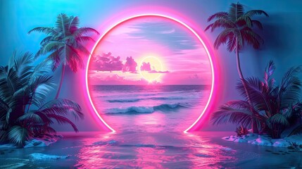 Wall Mural - a neon sign with a tropical beach scene