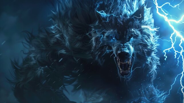  War-ready imposing werewolf portrait with fangs and cinematic lightning concept