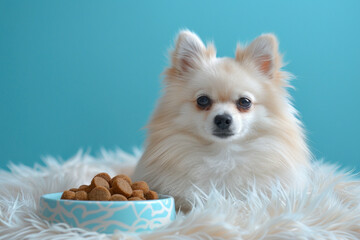 A white dog is laying on a white blanket next to a bowl of food. The dog appears to be looking at the camera, possibly waiting for its owner to feed it. Concept of warmth and companionship