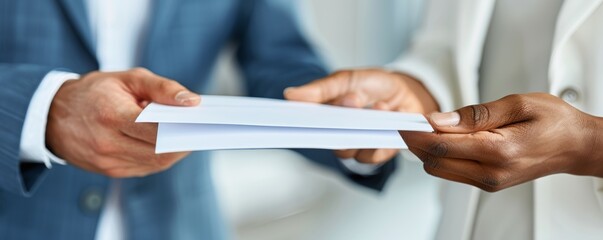 Close-up of two professionals exchanging documents. Business partnership, contract agreement, or corporate communication concept.