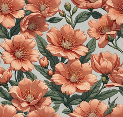 Seamless floral pattern with peach fuzz color flowers and green leaves, perfect for summer wallpaper or textile designs. Generative ai