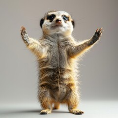 Happy meerkat floating in free fall, realistic image, professional photography, white background