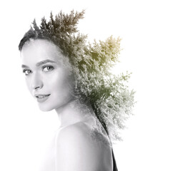 Poster - Double exposure of beautiful woman and coniferous trees on white background, color toned