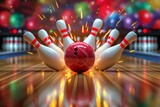A bowling ball is in the middle of a bowling game with a red ball