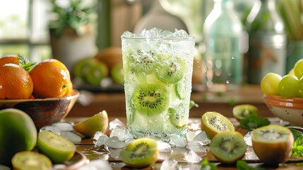 Wall Mural - Detail of kiwi soft drink with plenty of ice on a wooden kitchen bench with fruit and a bowl of ice around it. Front view. Horizontal composition 