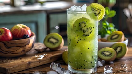 Wall Mural - Detail of kiwi soft drink with plenty of ice on a wooden kitchen bench with fruit and a bowl of ice around it. Front view. Horizontal composition 