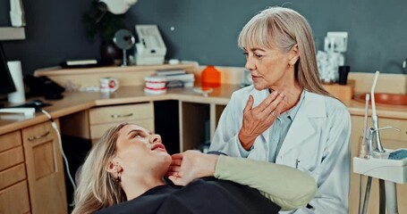 Wall Mural - Woman, mouth and conversation in appointment with dentist for explain symptoms or treatment options and check up. Mature, doctor and girl consulting for oral health education and teeth advice.