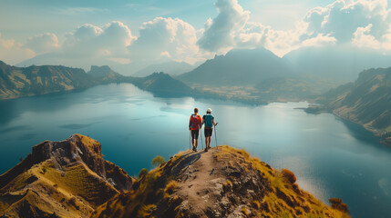 Wall Mural - Two People Standing on Mountain Summit