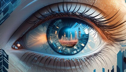 Woman's eye in the foreground with the reflection of a modern city inside