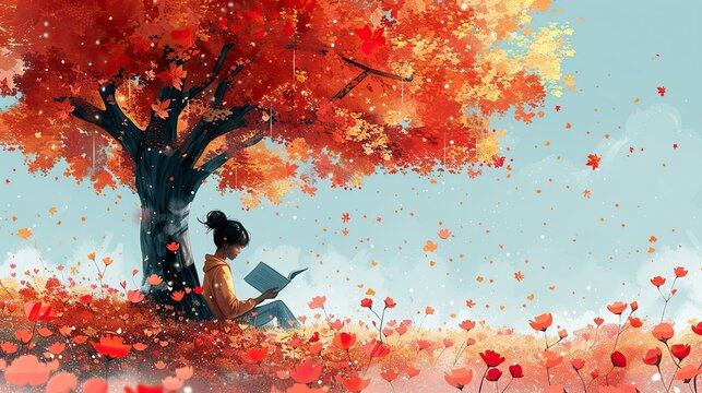 Magazine cover with an image of a student sitting under a tree and reading a book, simple and colorful illustration style made of flowers, calm and meditative style