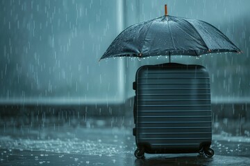 A black suitcase is sitting on the ground under an umbrella, travel concept