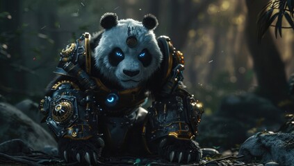 3d rendering of an angry panda with broken armor, blue eyes and golden gears on its body, sitting in the dark forest. fullbody shot, unreal engine, octane render, blender