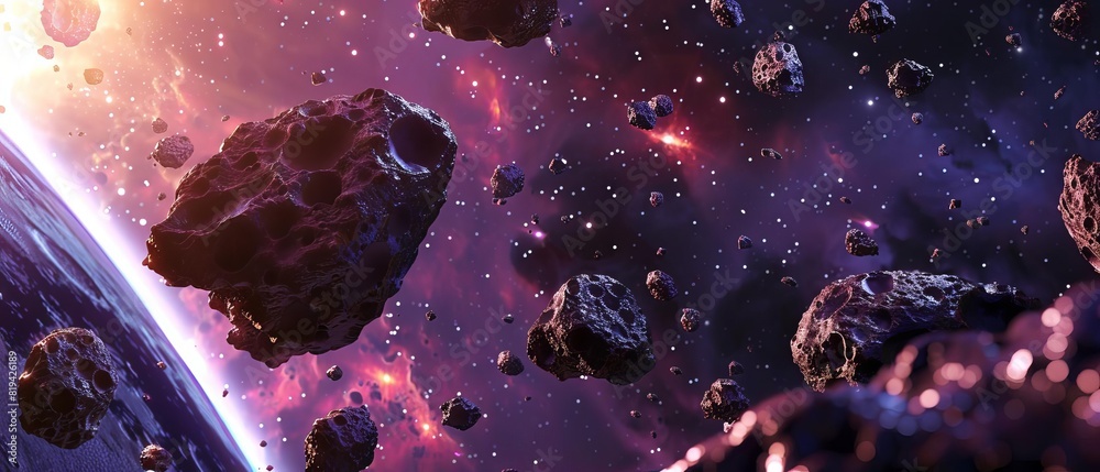 Asteroid field in outer space with colorful nebula and distant stars. A ...