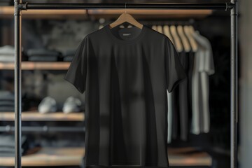 Wall Mural - A black shirt hanging on a rack in a store