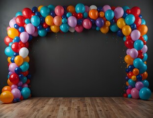 Wall Mural - Party festive birthday photo zone with colorful balloons
