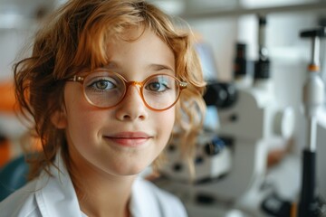 A young girl wearing glasses is smiling at the camera, science classes