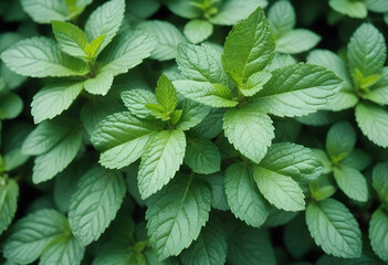 Wall Mural - Green mint leaves, close-up view of vibrant foliage with detailed textures and patterns