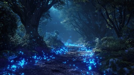 Wall Mural - a fantasy landscape with bioluminescent plants lighting a dark forest path.