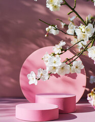 Wall Mural - Background podium 3D spring flower product beauty pink display nature. 3D podium stand background scene floral mockup cosmetic white blossom summer abstract shadow platform minimal design render stage