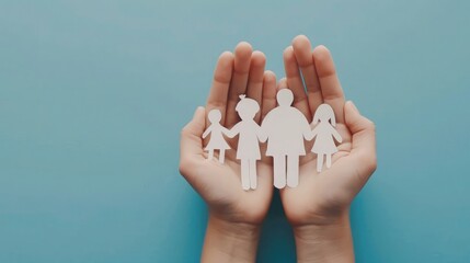 a pair of hands holding paper cutout people on blue background, family concept with copy space