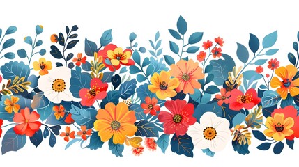 Vector horizontal seamless border with small bright colorful flowers and leaves on a white background.
