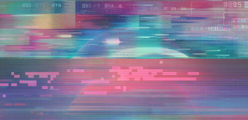 Vaporwave style background with datamoshing effect and holographic pixelated glitches. Concept of bug in program or video decay.