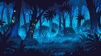 Wall Mural - A dense jungle alive with softly glowing bioluminescent trees.