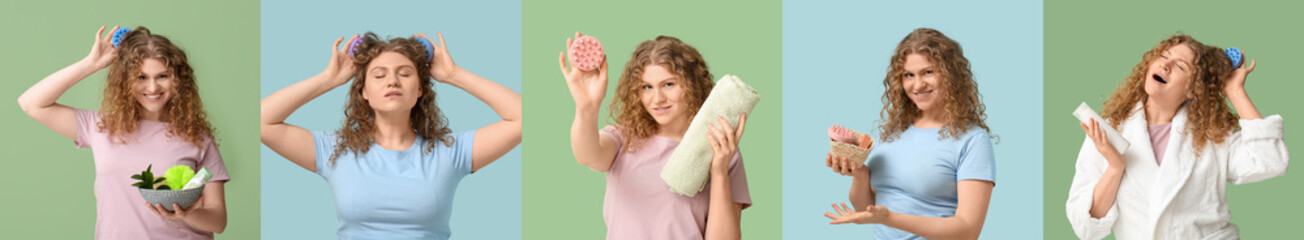 Collage of young woman with hair scalp massagers and cosmetics on green and blue backgrounds