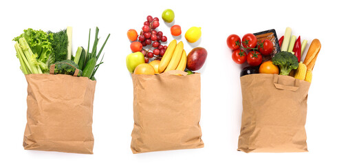 Sticker - Set of paper shopping bags with fresh products on white background