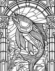 Wall Mural - no shading black and white coloring book b&w stained glass catfish window, adults coloring book style, well composed, clean adult coloring book page