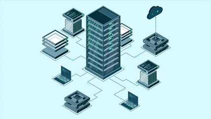 Fototapete - Isometric computer technology animation. Computation of big data center. Cloud computing. Online devices upload and download information. 4K video animated in isometric style