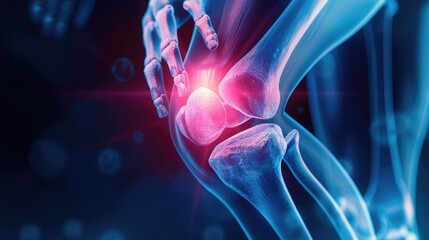Wall Mural - close up of knee joint pain, medical xray background with blue color and glowing red on the space around joint area ,