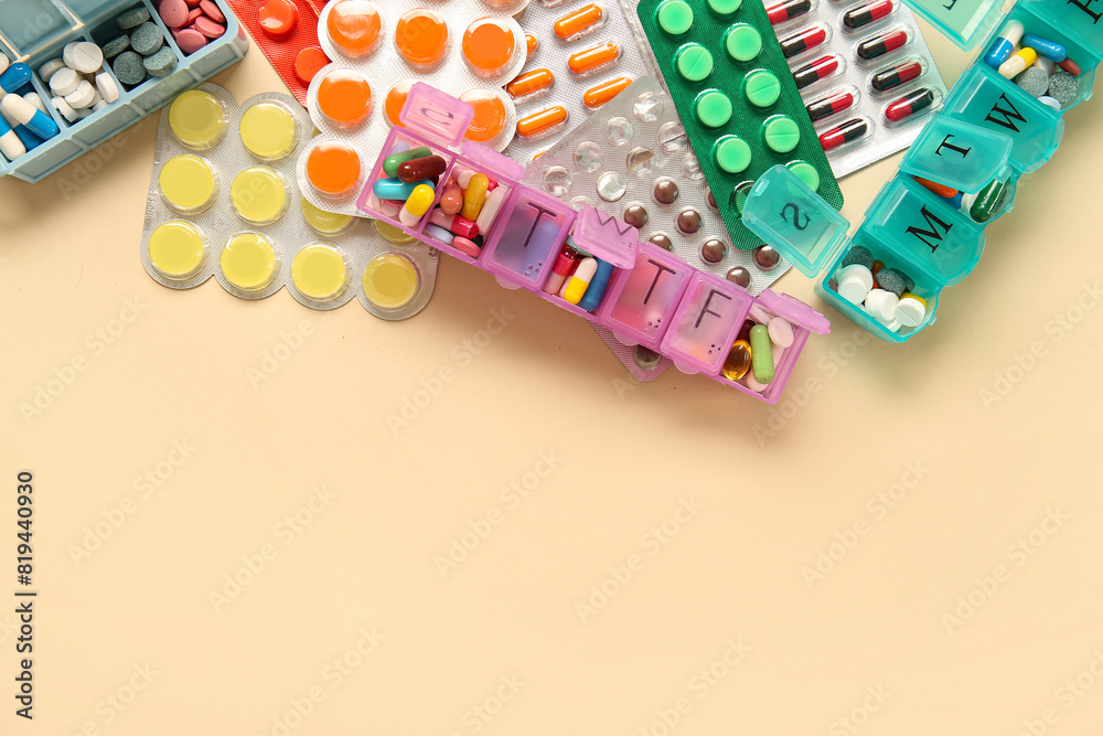 Blister packs and containers with different pills on yellow background