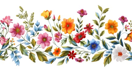 Wall Mural - Floral embroidery. Seamless horizontal border with colorful flowers and leaves on white background. Beautiful print for fabric and textile.
