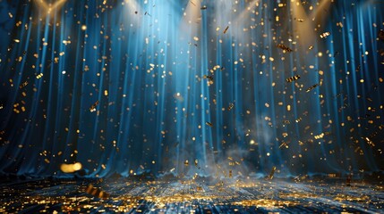 Poster - An elegant stage background with blue and gold lights, golden confetti falling on the dark stage behind the curtain.